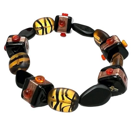 ARTISTIC BLACK, YELLOW AND ORANGE BEADS STRETCH BRACELET - Picture 1 of 12